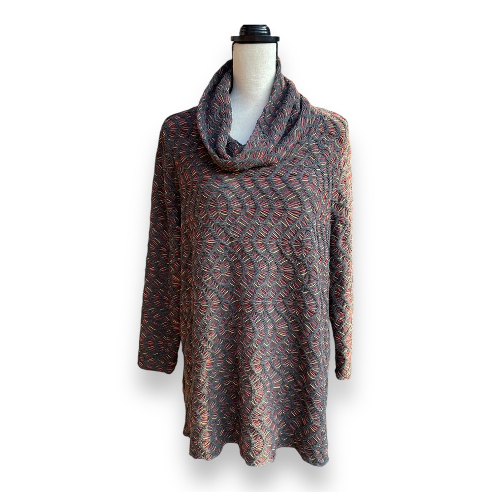 Ali Miles Cowl Neck Tunic‎ Sweater Gray Red Yellow Textured Knit L Large